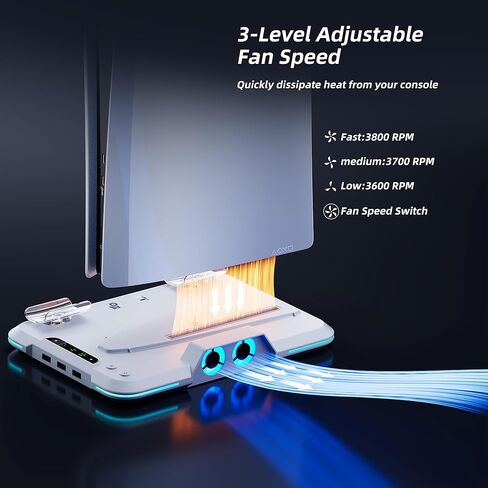 محطة تبريد Mytrix لوحدة تحكم PS5 Slim (قرص ورقمي)، حامل PS5 Slim مع محطة شحن وحدة تحكم سريعة، شاحن وحدة تحكم، مروحة تبريد 3 سرعات، حامل سماعة رأس، مصابيح RGB و3 منافذ USB in Kuwait