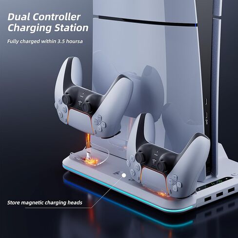محطة تبريد Mytrix لوحدة تحكم PS5 Slim (قرص ورقمي)، حامل PS5 Slim مع محطة شحن وحدة تحكم سريعة، شاحن وحدة تحكم، مروحة تبريد 3 سرعات، حامل سماعة رأس، مصابيح RGB و3 منافذ USB in Kuwait