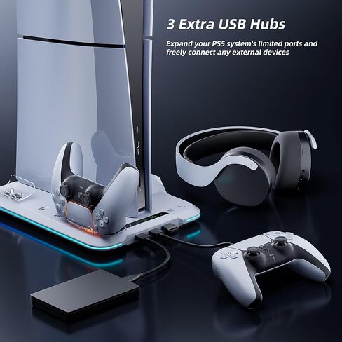 محطة تبريد Mytrix لوحدة تحكم PS5 Slim (قرص ورقمي)، حامل PS5 Slim مع محطة شحن وحدة تحكم سريعة، شاحن وحدة تحكم، مروحة تبريد 3 سرعات، حامل سماعة رأس، مصابيح RGB و3 منافذ USB in Kuwait