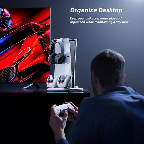 محطة تبريد Mytrix لوحدة تحكم PS5 Slim (قرص ورقمي)، حامل PS5 Slim مع محطة شحن وحدة تحكم سريعة، شاحن وحدة تحكم، مروحة تبريد 3 سرعات، حامل سماعة رأس، مصابيح RGB و3 منافذ USB in Kuwait