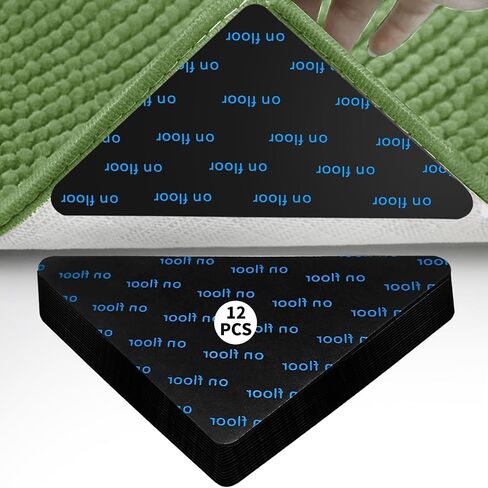 Rug Pad Grippers (12 Pcs) 2024, Non-Slip Rug Pads for Tile and Hard Floors, Reusable and Machine-Washable Area Rug Tape, Adhesive Gripper with Corners to Maintain Flat Corners (Black), RG2809 in Saudi Arabia