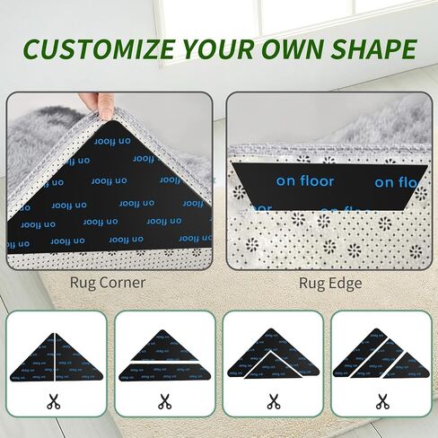 Rug Pad Grippers (12 Pcs) 2024, Non-Slip Rug Pads for Tile and Hard Floors, Reusable and Machine-Washable Area Rug Tape, Adhesive Gripper with Corners to Maintain Flat Corners (Black), RG2809 in Saudi Arabia