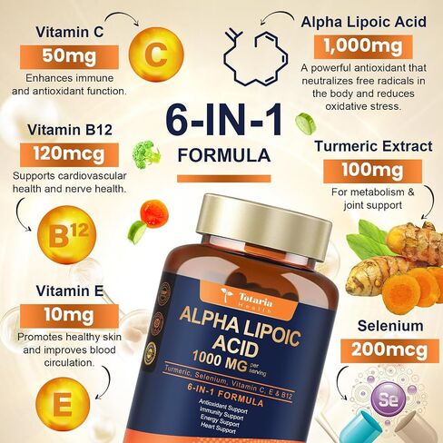 Alpha Lipoic Acid - 1000mg ALA Supplement Capsules for Neuropathy Supports Liver Detox, Nerve Health, Antioxidant, Metabolism and Cell Energy, Anti-Aging - Non-GMO, Gluten Free, Vegan Safe in Kuwait