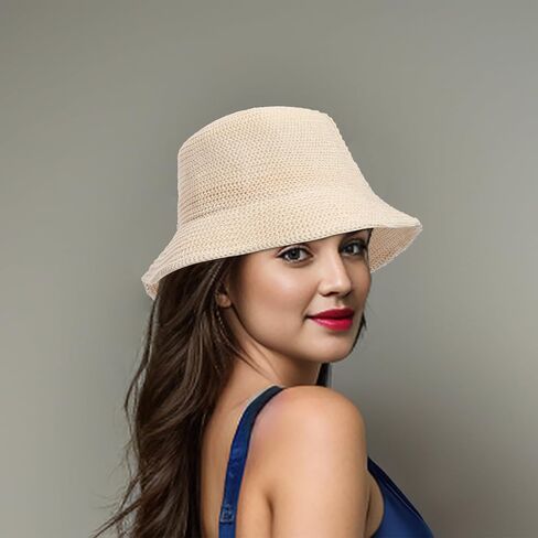 JAZTAKU Women Mesh Woven Bucket Hat, Crochet Bucket Hat for Women Beach Hat, Trendy Sun Hat Packable Foldable in Saudi Arabia