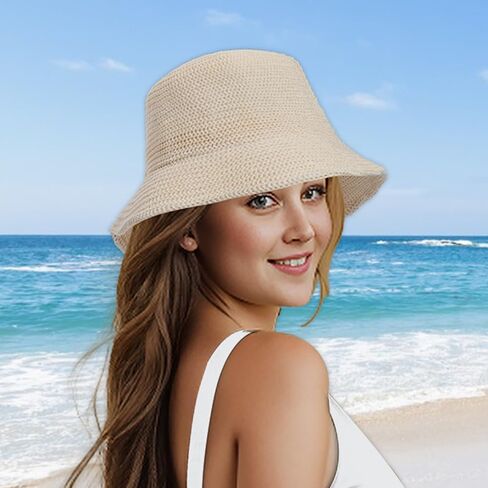 JAZTAKU Women Mesh Woven Bucket Hat, Crochet Bucket Hat for Women Beach Hat, Trendy Sun Hat Packable Foldable in Saudi Arabia