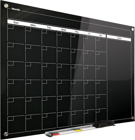 Real Glass Dry Erase Monthly Calendar, Giant Size 34" x 46", Bright White Tempered Glass Surface, Frameless Wall Mount, with 4 Assorted Color Markers and Eraser, by Better Office Products in Saudi Arabia