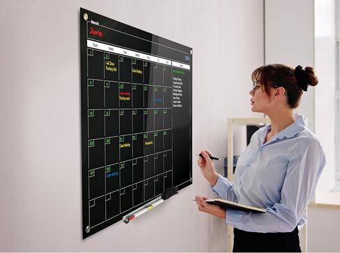 Real Glass Dry Erase Monthly Calendar, Giant Size 34" x 46", Bright White Tempered Glass Surface, Frameless Wall Mount, with 4 Assorted Color Markers and Eraser, by Better Office Products in Saudi Arabia