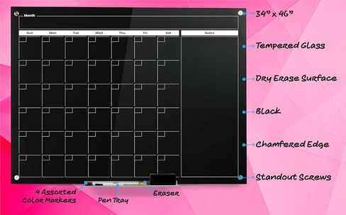 Real Glass Dry Erase Monthly Calendar, Giant Size 34" x 46", Bright White Tempered Glass Surface, Frameless Wall Mount, with 4 Assorted Color Markers and Eraser, by Better Office Products in Saudi Arabia