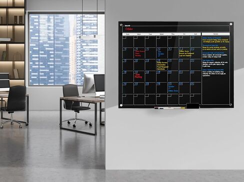 Real Glass Dry Erase Monthly Calendar, Giant Size 34" x 46", Bright White Tempered Glass Surface, Frameless Wall Mount, with 4 Assorted Color Markers and Eraser, by Better Office Products in Saudi Arabia