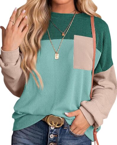 Womens Color Block Oversized Sweatshirt Crewneck Long Sleeve Shirts Casual Striped Pullover Tunic Tops With Pockets in Kuwait