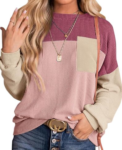 Womens Color Block Oversized Sweatshirt Crewneck Long Sleeve Shirts Casual Striped Pullover Tunic Tops With Pockets in Kuwait