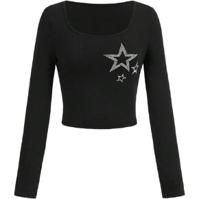 WDIRARA Women's Rhinestone Star Sequin T-Shirt Long Sleeve Square Neck Tops Shirts
