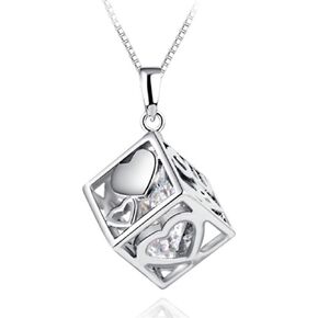 Heart Cube Pendant Necklace CZ Inlaid for Women Girls Silver Plated 14K White Gold Plated Geometrical Cubic Zirconia Hollow Love Charms Box Choker Chain 18 inches Dainty Birthday Wedding Jewelry Gift