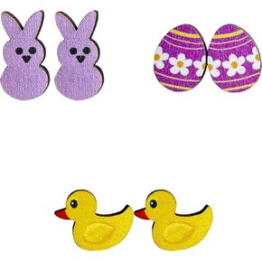 3 Pairs Easter Earrings Set Easter Gnome Egg Bunny Carrot Lightweight Acrylic Drop Earrings Happy Easter Rabbit Wooden Stud Earrings for Women Girls Holiday Jewelry Gifts