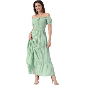 Allegra K Smocked Maxi Dress for Women's Tiered Boho Swing Off Shoulder Dresses