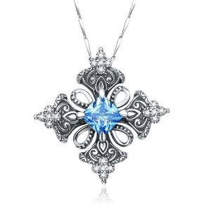 Antique 925 Sterling Silver Created Blue Topaz Irish Celtic Cross Pendant Necklace for Women,18"