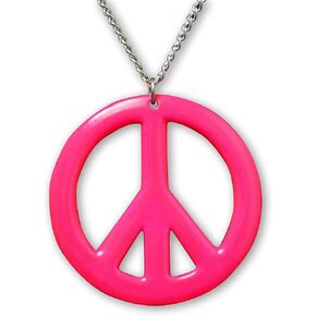 Hot Pink Hippie Peace Sign Pendant Necklace Enamel on Pewter Cosplay Jewelry
