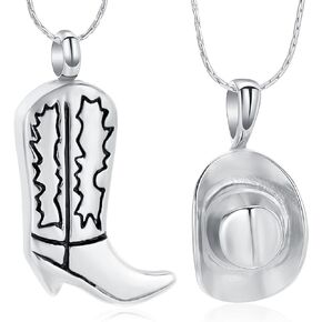 constantlife 2 Pack Cremation Jewelry for Ashes Stainless Steel Cowboy Boot & Hat Urn Necklace Keepsake Memorial Pendant for Women Men