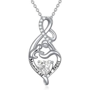 Birthstones Personalized Mothers Necklace S925 Sterling Silver Mommy of an Angel Necklaces Memorial Jewelry Sympathy Gift for Women Mother Mom