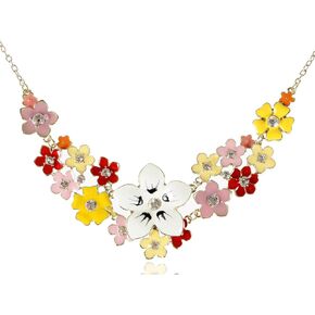 Alilang Womens Golden Tone Faux Pearl Floral Pink Multicolor Enamel Flower Bib Statement Necklace