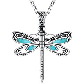 Genuine Turquoise Dragonfly Pendant Necklace, Sterling Silver Boho Native Vintage Necklace Western Jewelry Birthdays Gift for Women