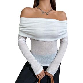 SHENHE Women's Off Shoulder Ruched T Shirt Long Sleeve Fitted Sheer Tee Top