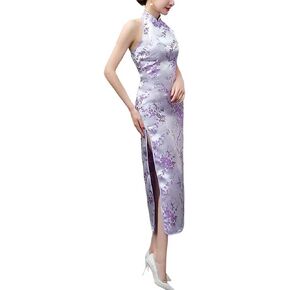 Women's Backless Halterneck Sleeveless Chinese Cheongsam Mandarin Collar Side Split Long Qipao Outfit