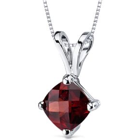 PEORA Solid 14K White Gold Garnet Pendant for Women, Genuine Gemstone Birthstone Solitaire, Cushion Cut, 6mm, 1 Carat total