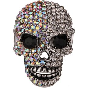 Women's Skull Stretch Rings Fit Finger Size 7 TO 9 - Moving Jaw - Lead & Nickle Free - Paved Crystals - (1-1/2 x 1) Inch - Scarf Holders - Women Girls Biker Jewelry