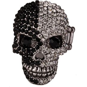 Women's Skull Stretch Rings Fit Finger Size 7 TO 9 - Moving Jaw - Lead & Nickle Free - Paved Crystals - (1-1/2 x 1) Inch - Scarf Holders - Women Girls Biker Jewelry