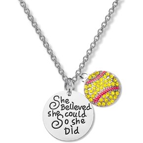 Sportybella Softball Necklace, Softball Jewelry - She Believed She Could So She Did Pendent - Perfect Softball Player Gifts