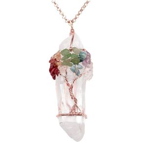 PESOENTH 7 Chakra Tree of Life Clear Quartz Crystal Necklace Women Wire Wrapped Natural Gemstone Healing Point Reiki Stones Pendant Necklace Spiritual Jewelry Gifts