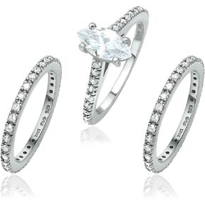 SEA OF ICE 925 Sterling Silver 10x5mm Marquise-Cut CZ Cubic Zirconia Anniversary Wedding Band Engagement Ring Bridal Set, Sizes 5 to 10