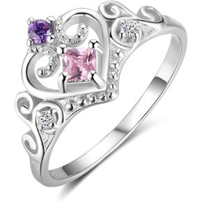 925 Sterling Silver Heart Shaped Princess Crown Ring with Pink Cubic Zirconia for Women, Wedding Engagement Promise Rings Set for Her