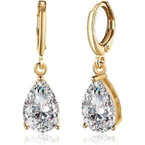 14K Gold Plated Teardrop Cubic Zirconia Dangle Drop Small Hoop Earrings For Womens Girls Oval Dangling Wedding Hypoallergenic Fashion Elegant Diamond Jewelry Gifts Bridesmaid