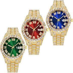 CdyBox 3 Pack Men Hip Hop Watch with Roman Scale Calendar Crystal Rhinestone Watches Stainless Steel Iced-Out Wrist Watch