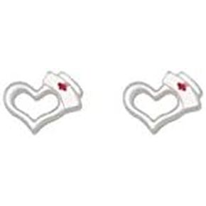 Silvertone Mini Nurse Hat Open Heart - Stud Earrings (1 Pair)