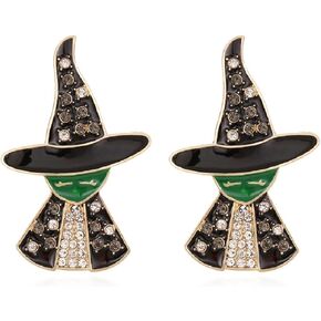 Witch Earrings for Women, Black Witch Hat Stud Earrings for Girls, Halloween Witch Earrings Hypoallergenic, Cubic Zirconia Witch Head Ear Studs, Halloween Jewelry Gifts Funny Earrings