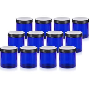 8 oz Cobalt Blue PET (BPA Free) Plastic Jar With Black Smooth Lids (12 pack)