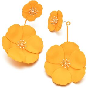 Metal Poppy Flower Dangle Earring- Matte Painted Dual Flower Floral Petal Tiered Drop for Women
