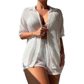 SHENHE Women's Sheer Swim Cover Up 2 Piece Set Kimono Shirt and Shorts Bikini Coverup