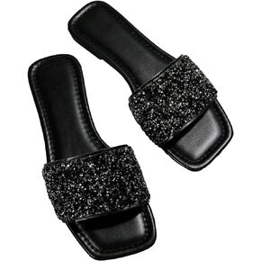 Verdusa Women's Rhinestone Sandals Glitter Casual Sandal Flats Open Toe Sparkle Slides