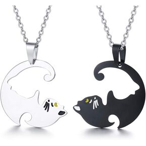 2pcs Set Stainless Steel Cat Dog Pendant Puzzle Matching Necklace for Couples Best Friends His Hers Lover Yin Yang Friendship Necklace