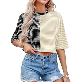 Tankaneo Womens Summer Half Sleeve Striped Shirt Round Neck Color Block Crop Top Casual Loose T-Shirt