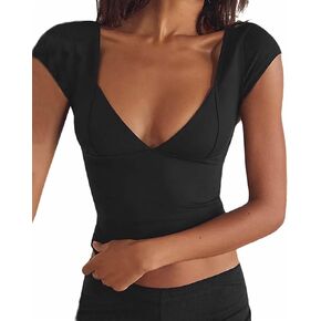 Women Basic Short Sleeve Cropped Shirts Square Neck Ribbed Slim Fit Tee Tops Solid Color Blouse Streetwear