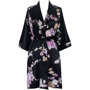 OLDSHANGHAI Women's Satin Kimono Robe Short - Floral