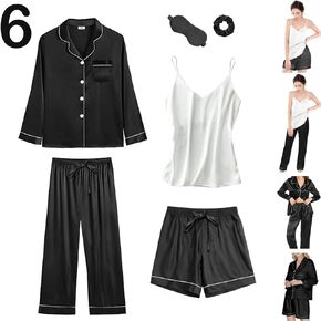 WJing Yi Jia 6Pcs Womens Silk Satin Pajama Sets Pj Sets Long Pjs Set Pajamas Sleepwear Camisole Sexy Cami in Kuwait