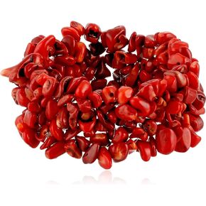 Gem Stone King 8 Inch Multi Strands Red Simulated Coral Stone Chips Stretch Bangle Bracelet for Women