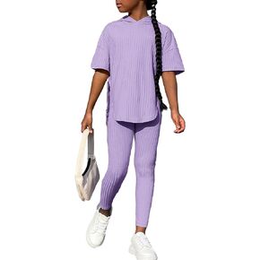 Floerns Girl's 2 Piece Outfit Solid Rib Knit Hoodie Short Sleeve Tee Leggings Pants Set