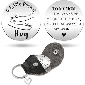 Mom Gift from Son, to My Mom Pocket Hug Token with Leather Keychain, Inspirational Stainless Steel Double Sided Coin Long Distance Relationship Keepsake Birthday Christmas Gift